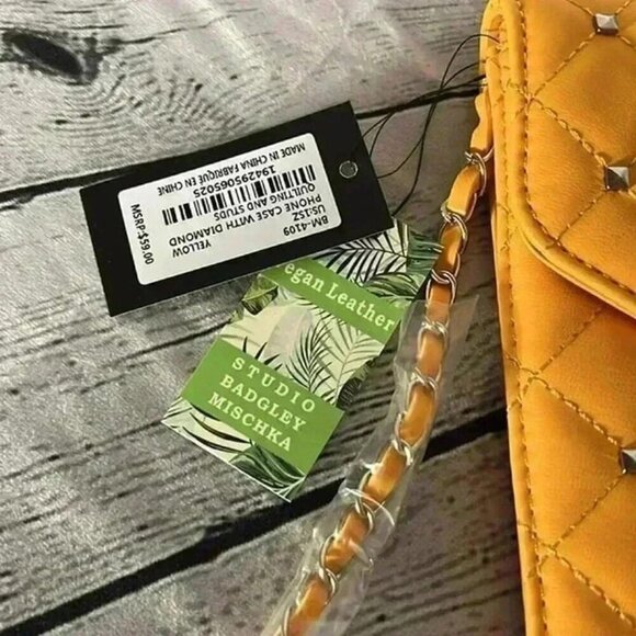 Badgley Mischka Crossbody Purse Phone Case Diamond Quilted Yellow Studded - Picture 4 of 7
